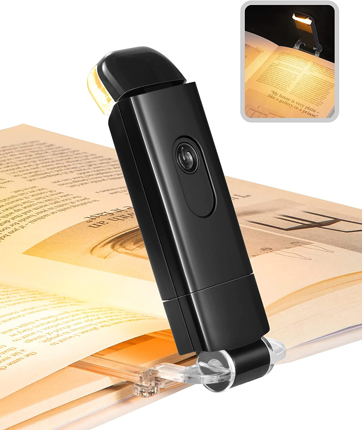 Book Light, Amber Warm Clip on LED with 3 Adjustable Brightness for Eye Protection, Rechargeable USB Long Lasting Reading Light, Gifts for Bookworms, Kids (Black)
